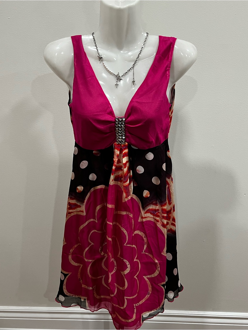 Y2k Fuchsia Floral & Polka Dot Sleeveless Dress S/M